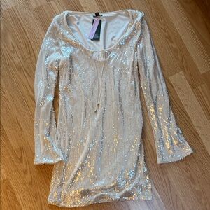 Wild Fable Shimmering Sequin Long Sleeve Dress in Cream